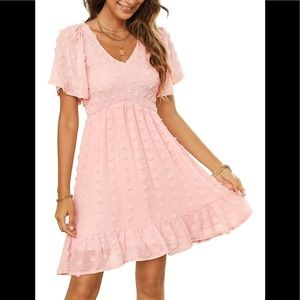 Pink Maternity Smocked Flutter Sleeve Babydoll Dress. Baby shower or photos